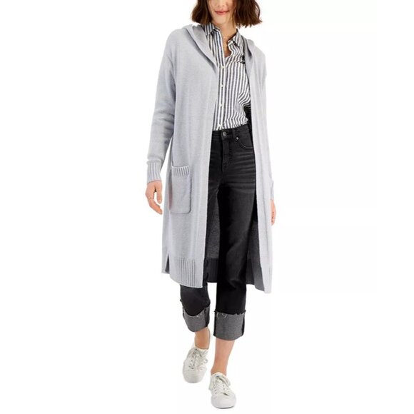 Style & Co Hooded Cardigan Duster Gray Sz Large Open Front Long Sleeve Cozy Knit - Picture 11 of 11